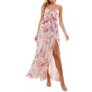 CITY STUDIO SZ M white pink floral gold ruched slit party maxi dress NWT B96